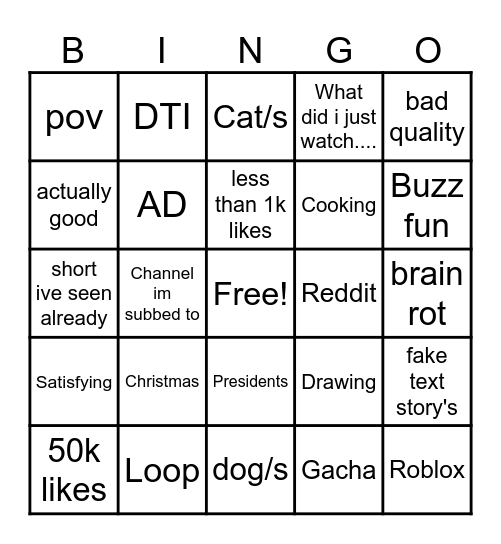 YT shorts bingo! Bingo Card