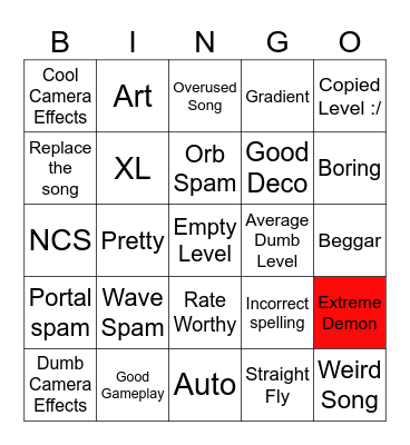 Geometry Dash Bingo Card