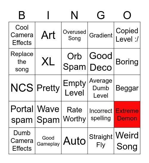 Geometry Dash Bingo Card