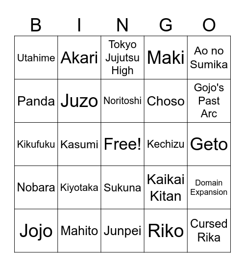 Juju Kaisen Bingo Card