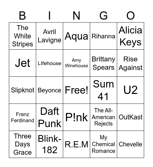 Music Bingo 90s and 00s Bingo Card