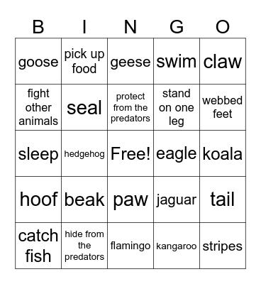 Wild animals Bingo Card