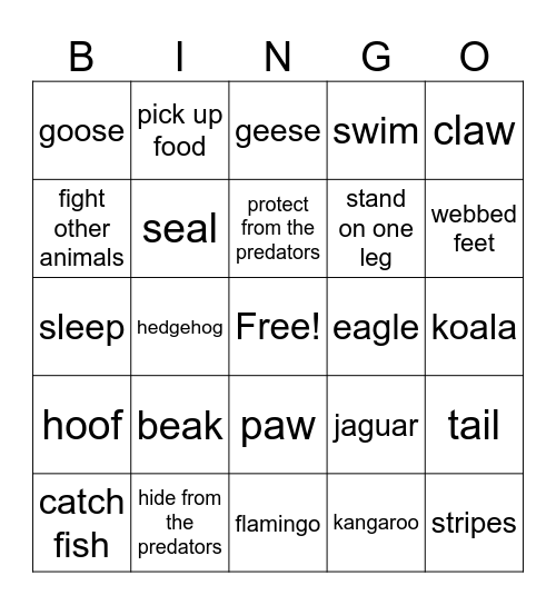 Wild animals Bingo Card