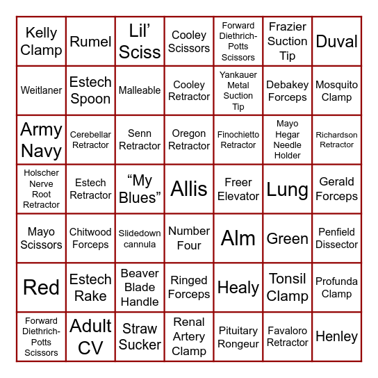 Instrument BINGO Card