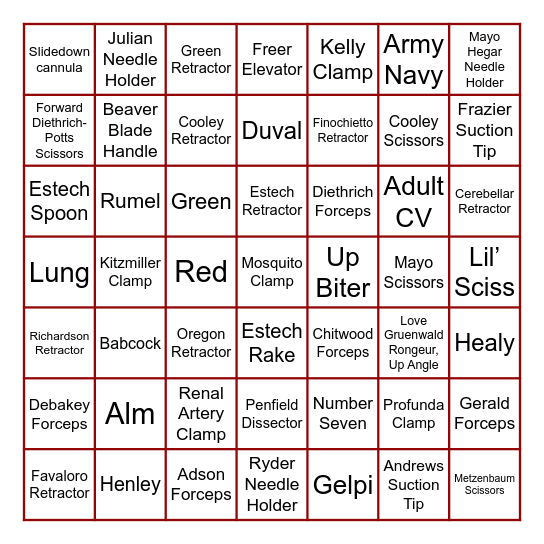 Instrument BINGO Card