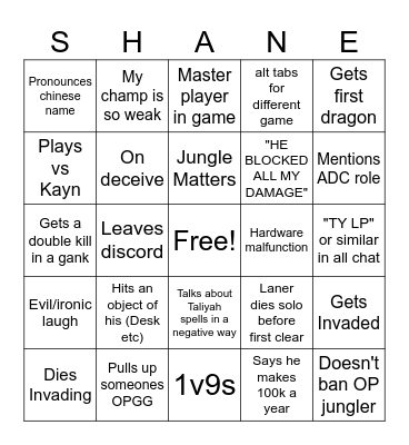 SHANE Bingo Card