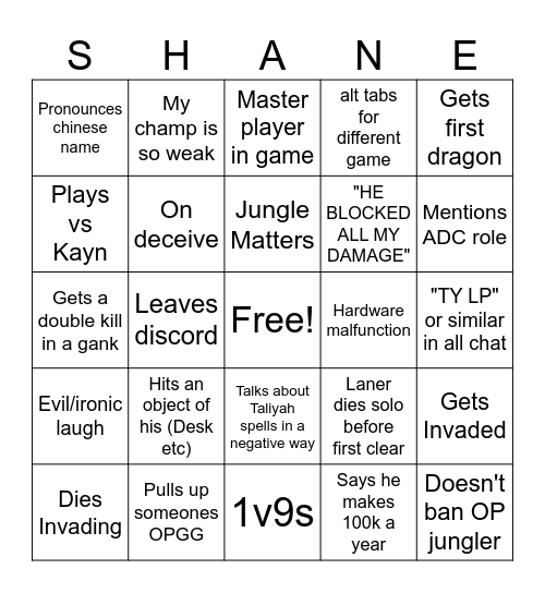 SHANE Bingo Card