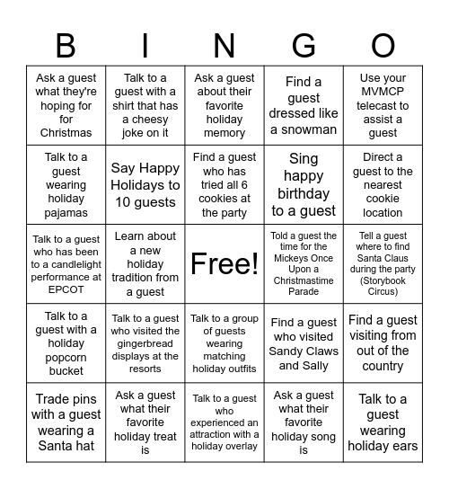 Mickey's Very Merry Christmas Party Bingo Card