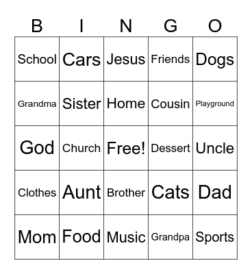 Thankfulness Bingo Card