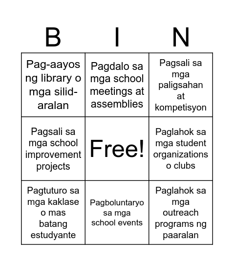 Pakikilahok at Bolunterismo Bingo Card