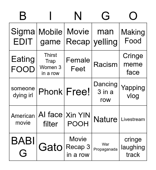 douyin cringe Bingo Card