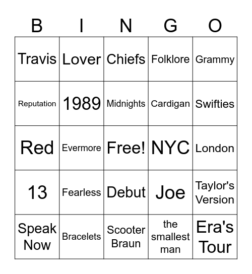 Taylor Swift Bingo Card