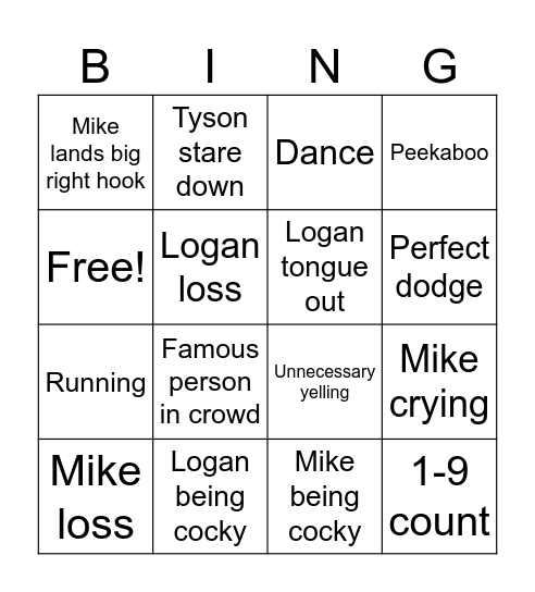 Mike Tyson vs Logan paul Bingo Card