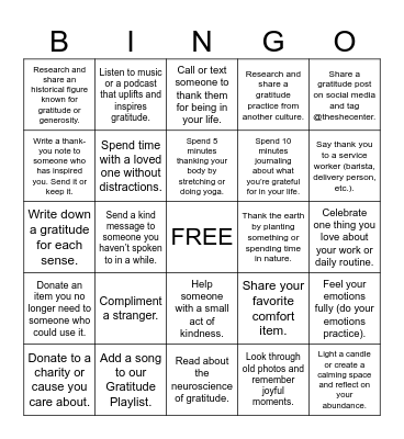 Gratitude Challenge Bingo Card