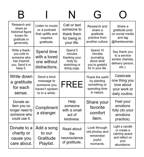 Gratitude Challenge Bingo Card