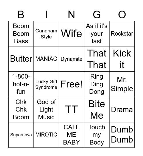 Kpop Bingo Card