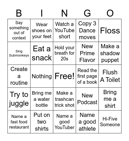 Challenge Bingo! Bingo Card