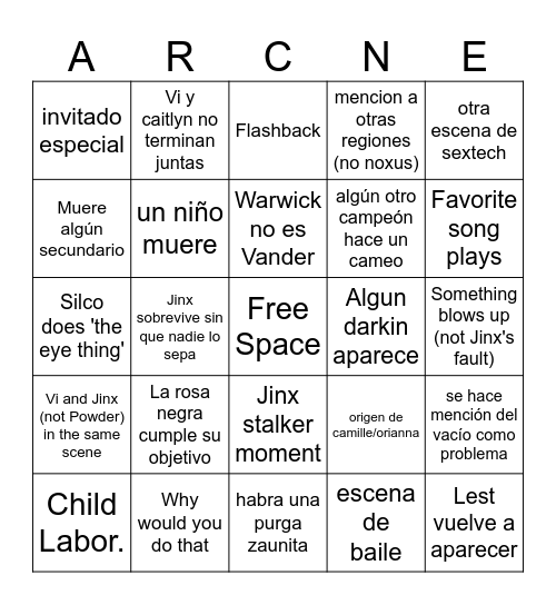 Arcane Bingo Card