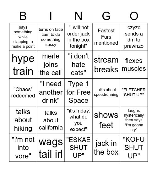 Prawnzo Friday Night Bingo Card