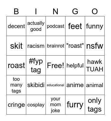 Shorts bingo Card