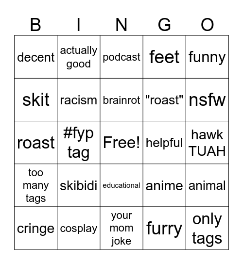 Shorts bingo Card