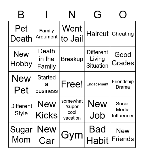 Life Events Bingo Card