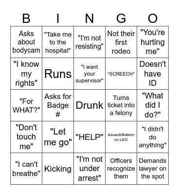 Bodycam Bingo Card
