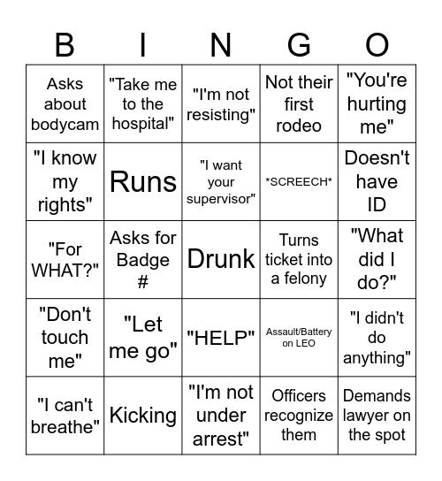 Bodycam Bingo Card