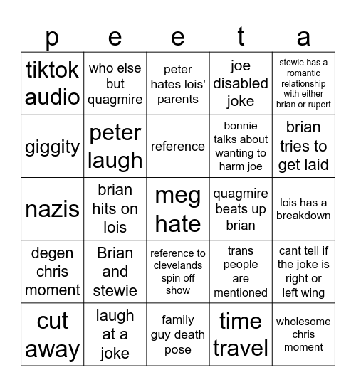 Family Guy Bingo Card