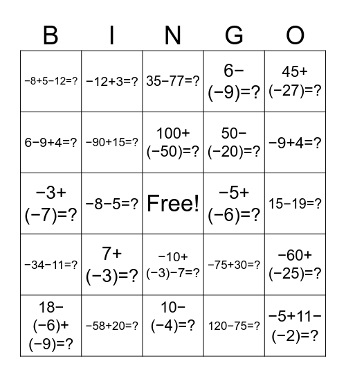 Integer BINGO Card