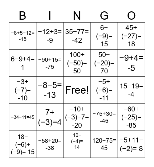 Integer BINGO Card