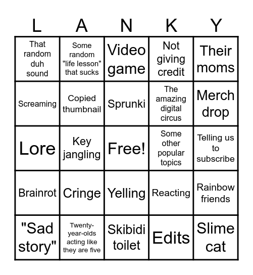 Lankybox bingo Card