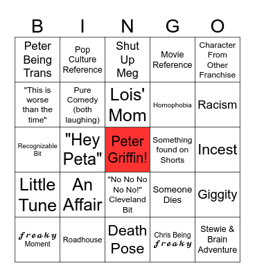 Family Guy Bingo Card