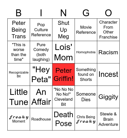 Family Guy Bingo Card