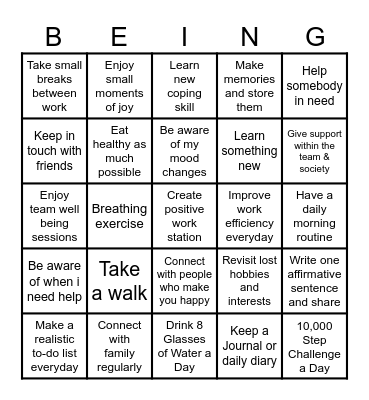 Wellbeing Bingo Card
