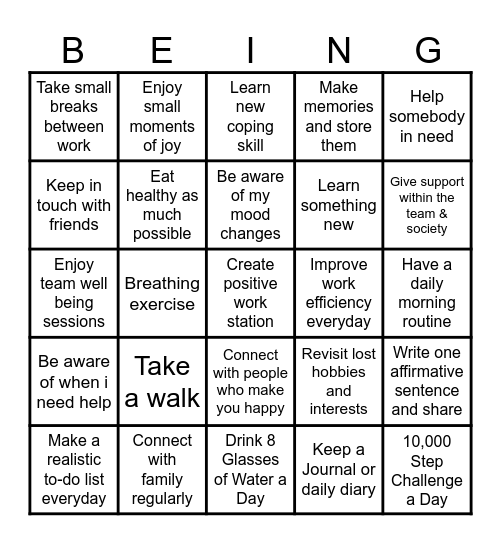 Wellbeing Bingo Card