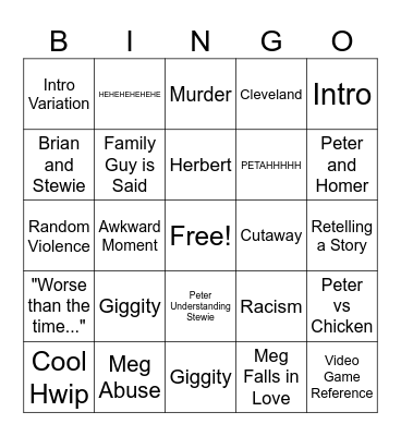 Family Guy Bingo Card