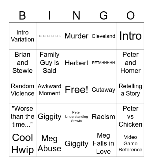 Family Guy Bingo Card