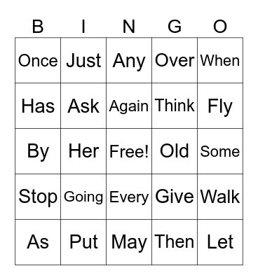 Sight Words Bingo Card