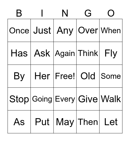 Sight Words Bingo Card