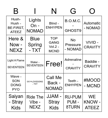 corl's picked songs bingo Card