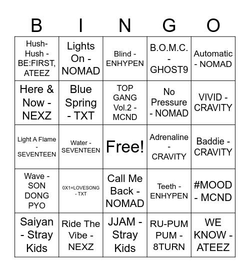 corl's picked songs bingo Card