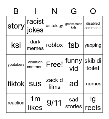 yt shorts Bingo Card