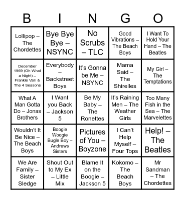 Girl Groups v Boy Bands Bingo Card
