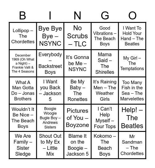 Girl Groups v Boy Bands Bingo Card