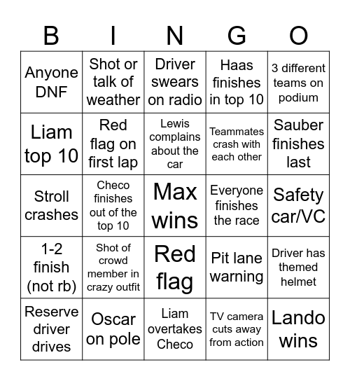 F1 Bingo - Vegas 2024 Bingo Card