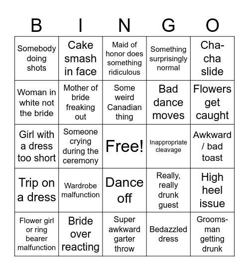 Jeter Wedding Bingo Card