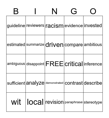 Vocabulary  Bingo Card