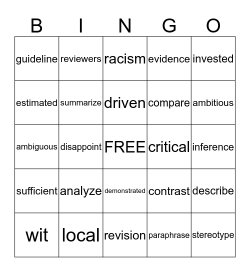 Vocabulary  Bingo Card