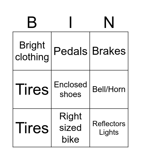 Bike Safety Bingo Card